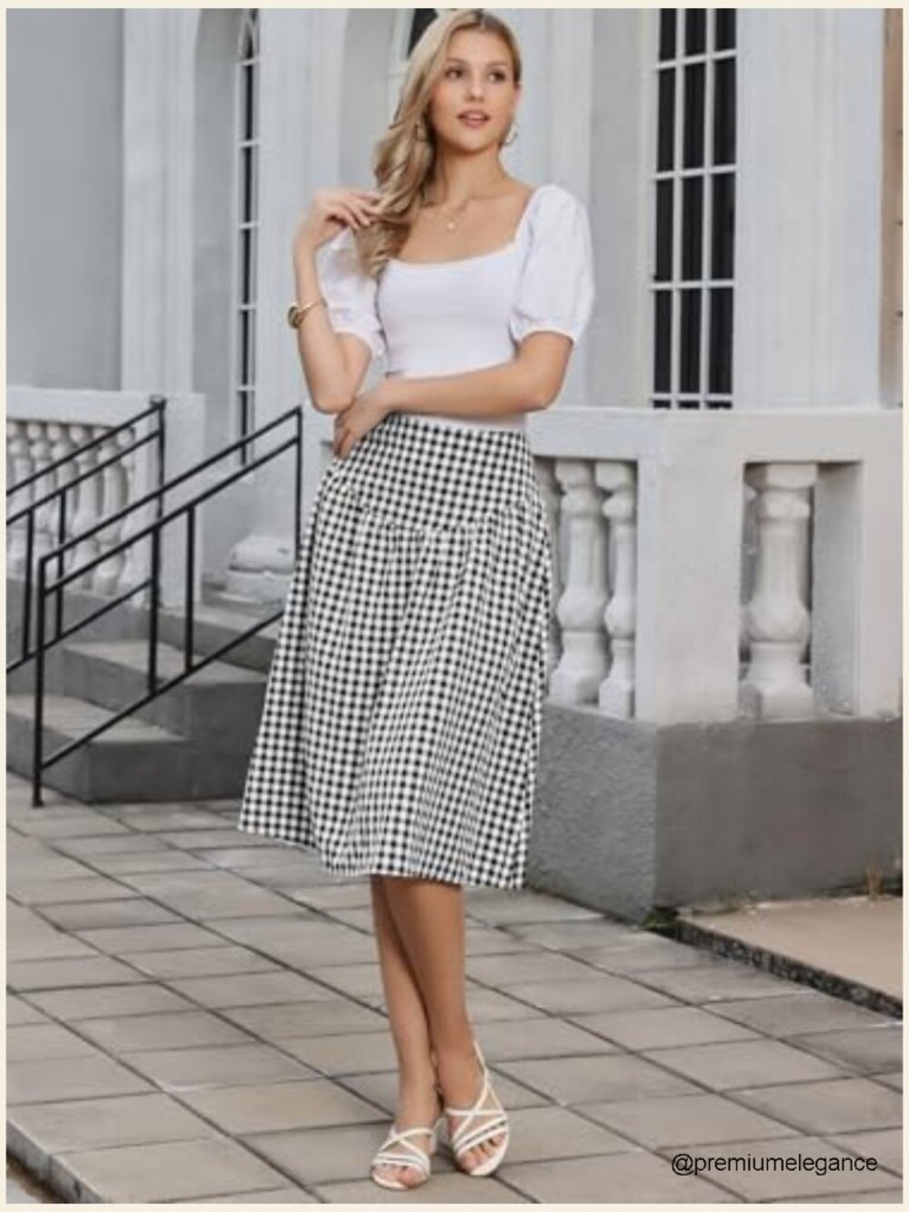 Vintage High Waist Gingham Midi Skirt Pull On Flared A-Line - Picture 4 of 6